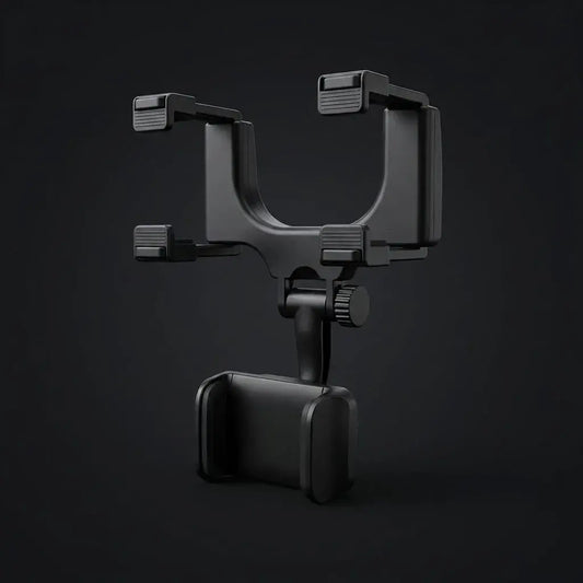Holder para celular que se fija al espejo retrovisor del carro. Ajuste universal, instalación fácil y diseño resistente tipo fibra de carbono.
