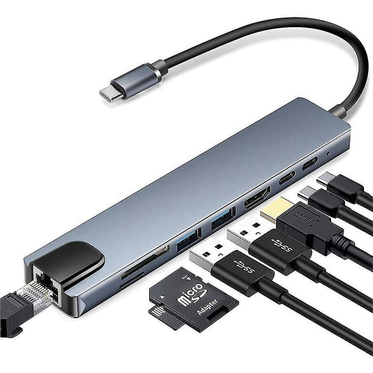 Hub USB-C 8 en 1 con HDMI 4K, RJ45 Ethernet, USB 3.0, USB-C Power Delivery, lector SD y Micro SD, compatible con portátiles, tablets y dispositivos USB-C.