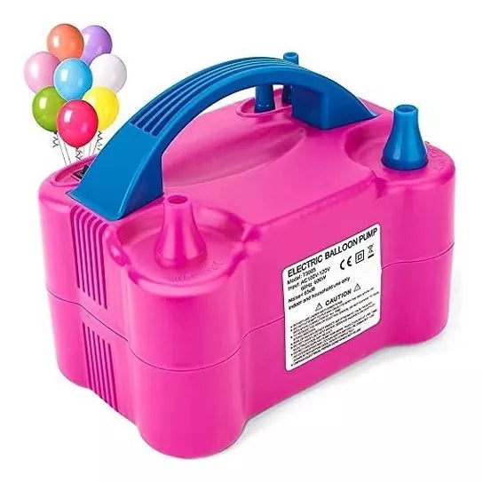 Inflador eléctrico de globos con doble boquilla, modo continuo, activación por presión, asa portátil y tubos de extensión para globos pequeños, ideal para fiestas y eventos.