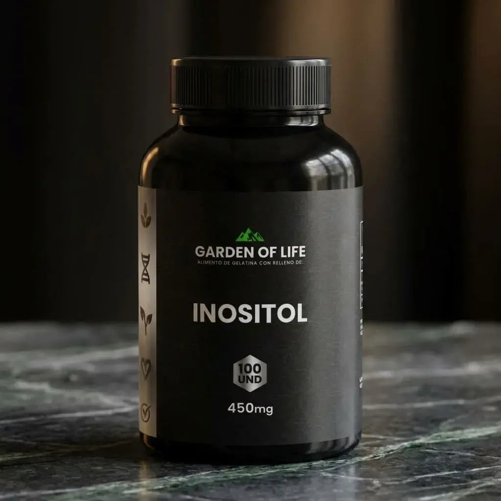 Inositol 450 mg en cápsulas, frasco oscuro de 360 cc con termosellado de seguridad. Complemento para bienestar emocional, equilibrio hormonal, sueño y concentración.