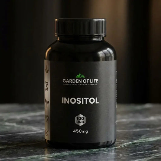 Inositol 450 mg en cápsulas, frasco oscuro de 360 cc con termosellado de seguridad. Complemento para bienestar emocional, equilibrio hormonal, sueño y concentración.