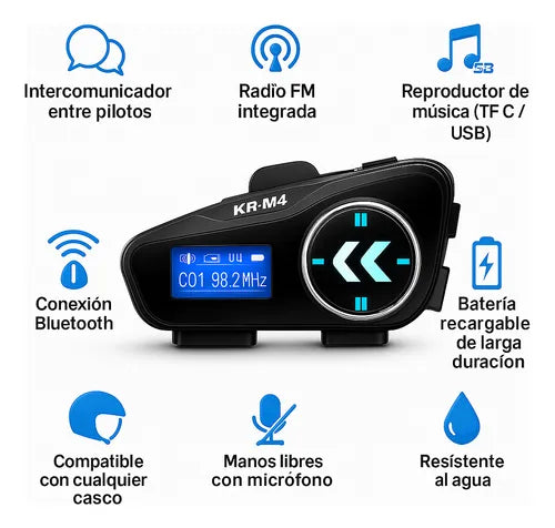 Intercomunicador Bluetooth M4 para casco de moto con radio FM, pantalla LCD, MicroSD, manos libres, música, comunicación piloto copiloto y resistencia IPX6 para lluvia y polvo.