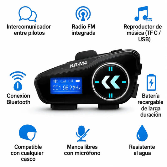 Intercomunicador Bluetooth M4 para casco de moto con radio FM, pantalla LCD, MicroSD, manos libres, música, comunicación piloto copiloto y resistencia IPX6 para lluvia y polvo.