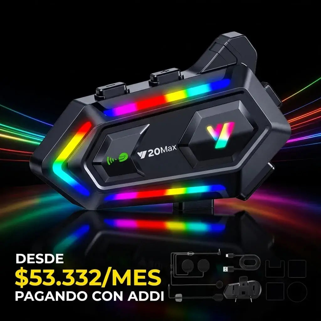 Intercomunicador Bluetooth Y20 Max para casco de moto con Bluetooth 5.3, alcance hasta 800 m, conexión para 2 usuarios, reducción de ruido, IP67, luz RGB y autonomía de hasta 32 horas.