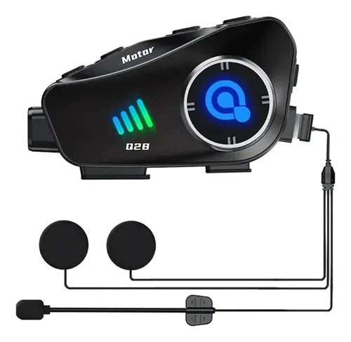 Intercomunicador para casco de moto Q28 Bluetooth con cámara integrada, cancelación de ruido, conexión para llamadas, música, GPS y diseño resistente al agua.