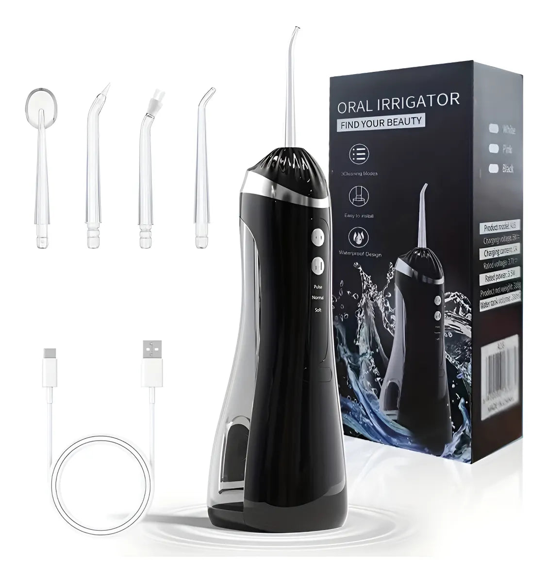 Irrigador Oral Dental A16 portátil con 5 modos de limpieza, tanque de 230 mL, presión ajustable 40 a 120 PSI, boquilla 360, carga USB Tipo C y resistencia al agua IPX7.