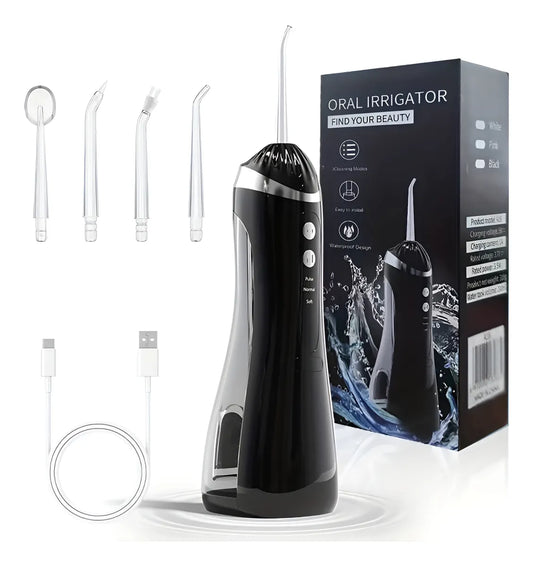 Irrigador Oral Dental A16 portátil con 5 modos de limpieza, tanque de 230 mL, presión ajustable 40 a 120 PSI, boquilla 360, carga USB Tipo C y resistencia al agua IPX7.