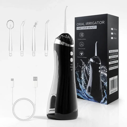 Irrigador Oral Dental A16 portátil con 5 modos de limpieza, tanque de 230 mL, presión ajustable 40 a 120 PSI, boquilla 360, carga USB Tipo C y resistencia al agua IPX7.