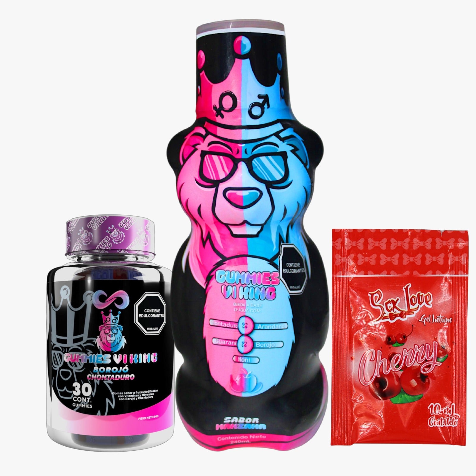 Jarabe Gummies Vi King 240 mL con tarro de 30 gomitas y sachet cereza. Complemento líquido con maca, guaraná, borojó, chontaduro, noni y arándano para energía y vitalidad en adultos.