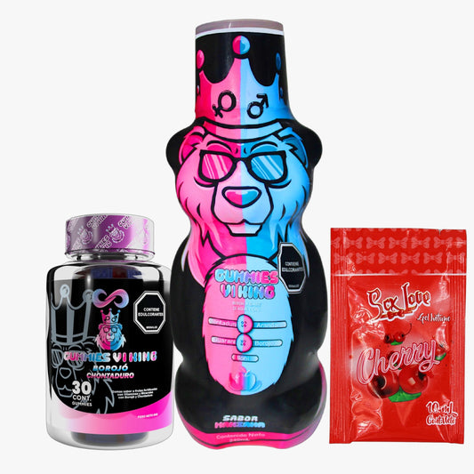 Jarabe Gummies Vi King 240 mL con tarro de 30 gomitas y sachet cereza. Complemento líquido con maca, guaraná, borojó, chontaduro, noni y arándano para energía y vitalidad en adultos.