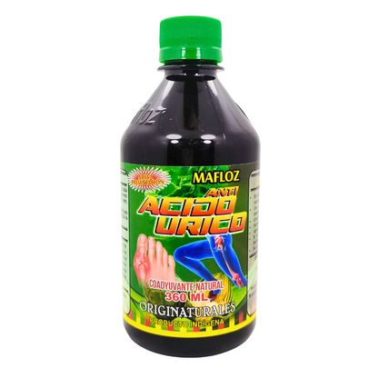 Jarabe natural 360 ml coadyuvante para ácido úrico con fórmula indígena tradicional. Uso herbal, no es medicamento.