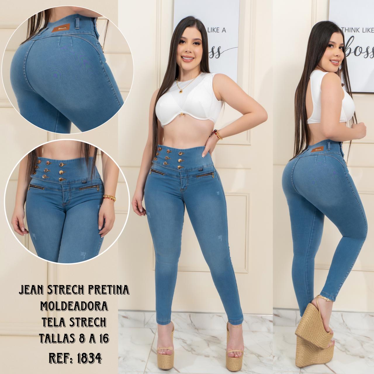 Compra jean para mujer en tela stretch con pretina moldeadora y efecto levanta cola, cómodo, flexible y perfecto para uso diario.