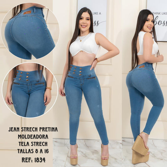 Compra jean para mujer en tela stretch con pretina moldeadora y efecto levanta cola, cómodo, flexible y perfecto para uso diario.
