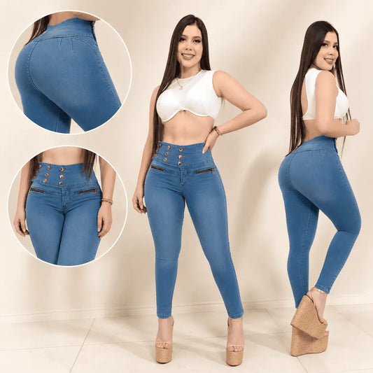 Compra jean para mujer en tela stretch con pretina moldeadora y efecto levanta cola, cómodo, flexible y perfecto para uso diario.