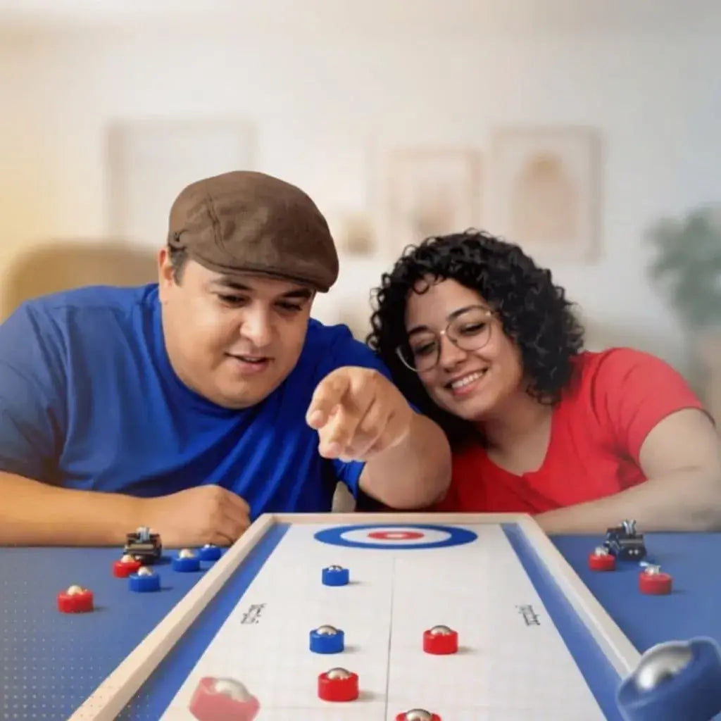 Juego Curling de Mesa plegable de 135 x 29 cm con 8 fichas deslizantes rojas y azules, ideal para niños, adultos, reuniones y entretenimiento familiar.