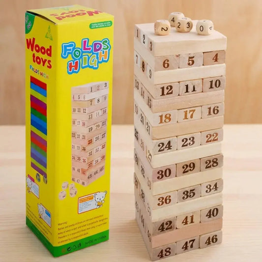 Juego de mesa Jenga en madera para niños y adultos. Ideal para reuniones familiares, fomenta concentración, estrategia y diversión.