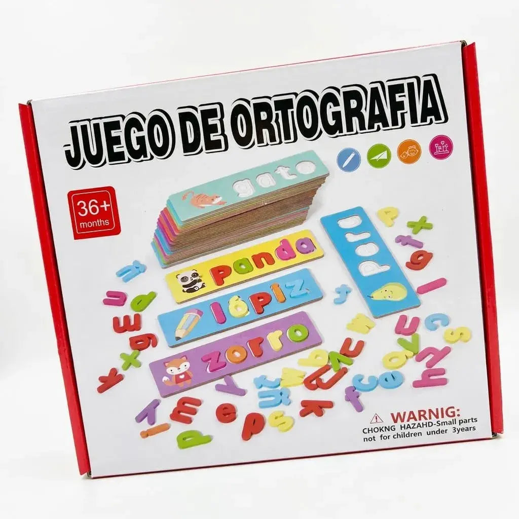 Juego Montessori de ortografía para niños con tarjetas ilustradas y letras en madera. Estimula lectura, escritura, concentración y motricidad fina de forma didáctica.