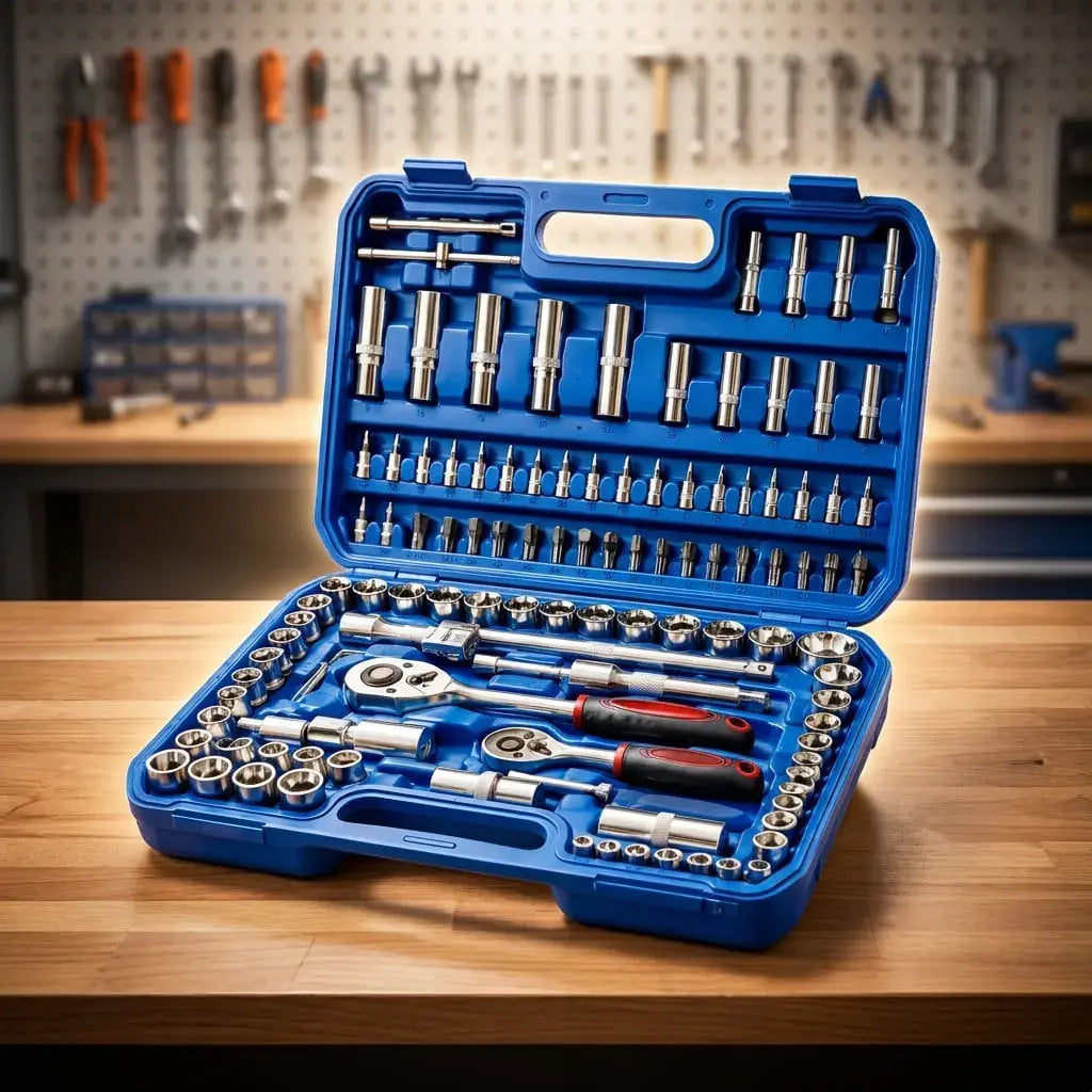 Juego de copas y herramientas mecánicas con ratchets, extensores, puntas Torx, copas para bujía y medidas milimétricas para carro, moto y taller.