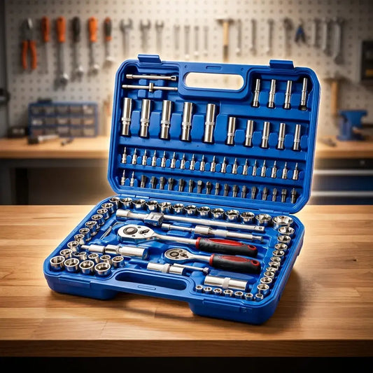 Juego de copas y herramientas mecánicas con ratchets, extensores, puntas Torx, copas para bujía y medidas milimétricas para carro, moto y taller.