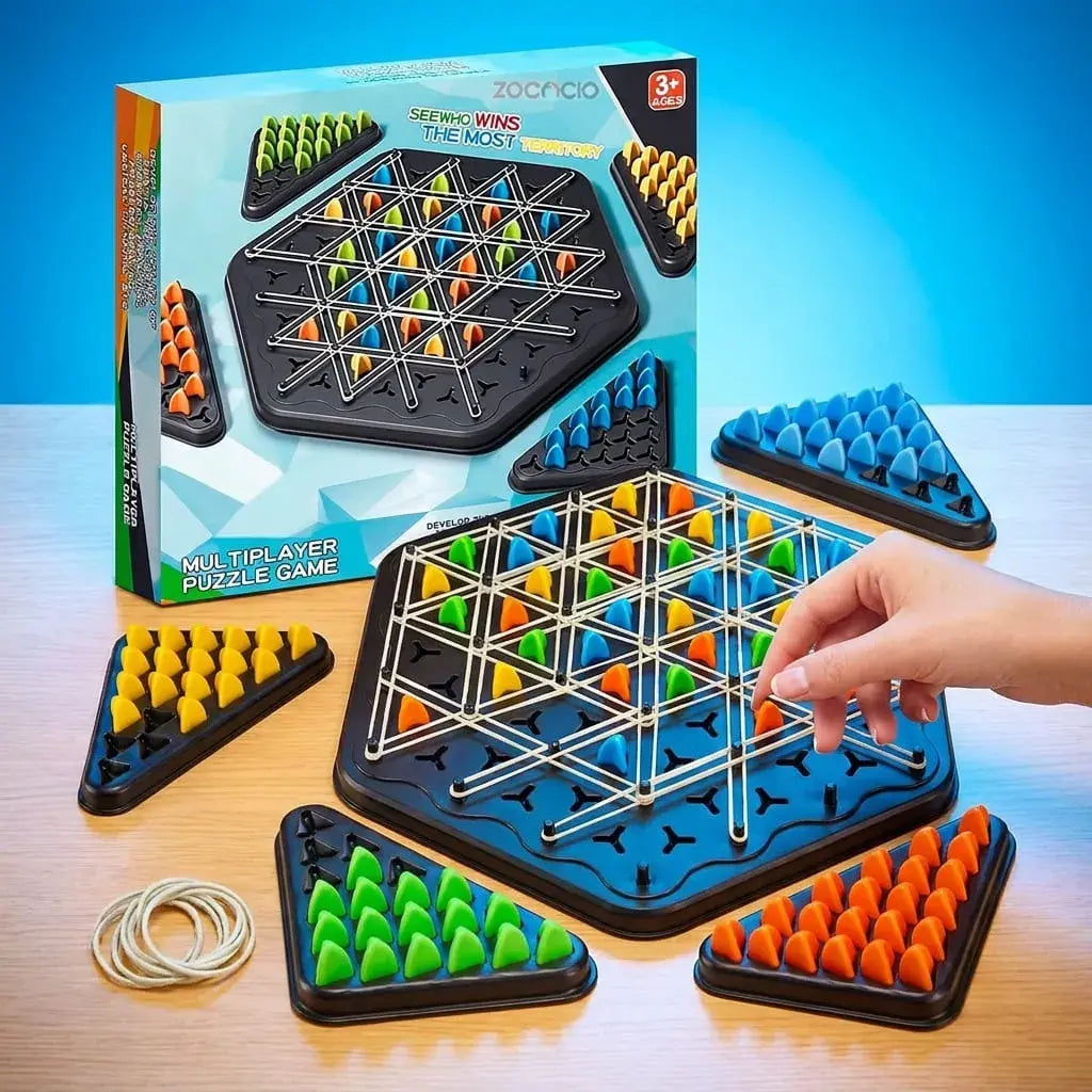 Juego de estrategia triangular con tablero, 84 fichas y 50 bandas elásticas, ideal para desarrollar lógica, planificación y concentración mientras disfrutas en familia.