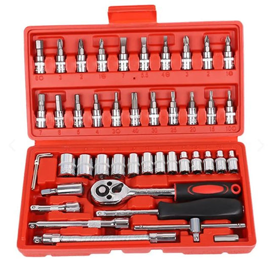 Juego de herramientas 46 piezas con llave ratchet 1/4 en acero cromo vanadio. Ideal para mecánica automotriz y reparaciones en casa.