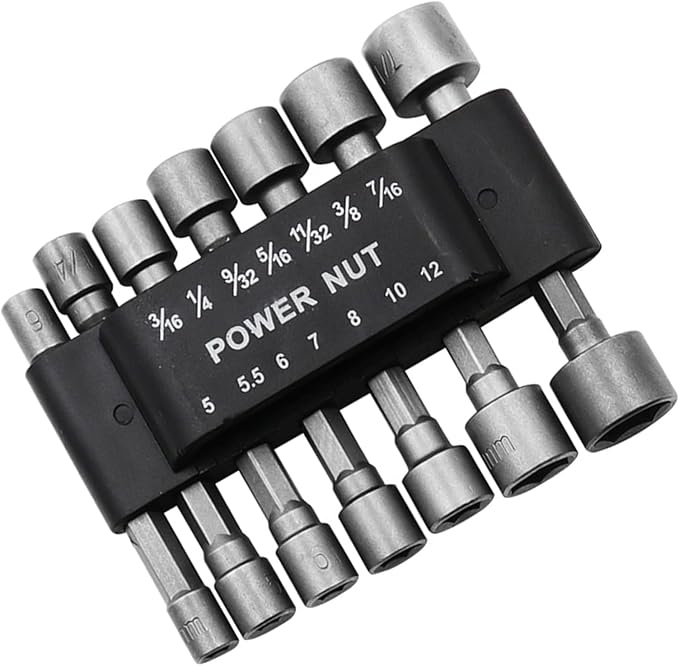 Set de puntas hexagonales con dados en acero resistente, compatible con taladros y destornilladores. Ideal para reparaciones y mantenimiento.
