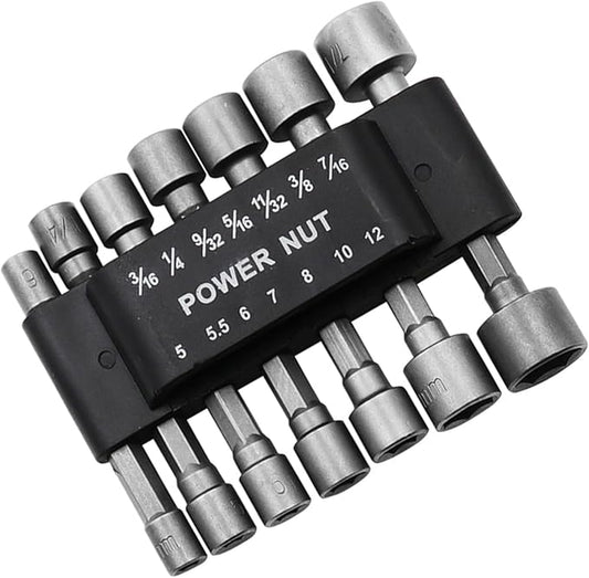 Set de puntas hexagonales con dados en acero resistente, compatible con taladros y destornilladores. Ideal para reparaciones y mantenimiento.
