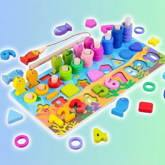 Juguete educativo para niños que enseña formas, colores, números, letras y apilamiento. Estimula el desarrollo cognitivo, lógico y motor de forma divertida.
