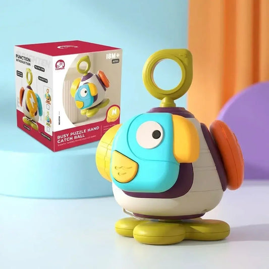 Juguete sensorial Montessori 5 en 1 para bebés con giro 360°, mordedor de silicona libre de BPA y actividades educativas para desarrollo motor, cognitivo y sensorial.