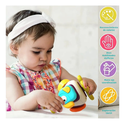 Juguete sensorial Montessori 5 en 1 para bebés con giro 360°, mordedor de silicona libre de BPA y actividades educativas para desarrollo motor, cognitivo y sensorial.