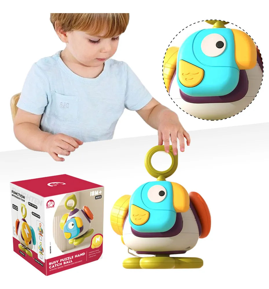 Juguete sensorial Montessori 5 en 1 para bebés con giro 360°, mordedor de silicona libre de BPA y actividades educativas para desarrollo motor, cognitivo y sensorial.