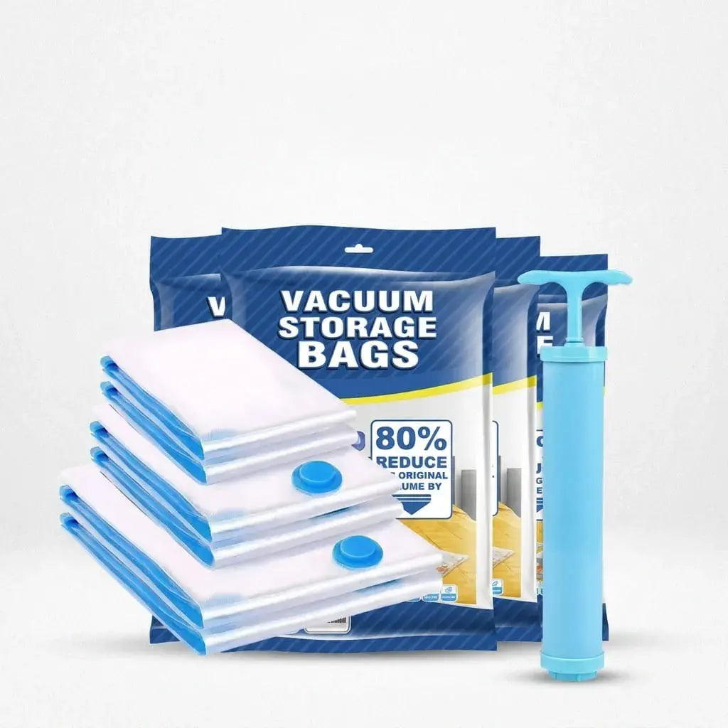 Kit de 5 bolsas al vacío reutilizables para ropa, cobijas y edredones. Incluye tres tamaños con cierre hermético para organizar clósets y maletas.
