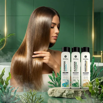 Kit de alisado progresivo sin formol con algas marinas. Ayuda a controlar el frizz, suavizar y proteger el cabello, logrando un liso progresivo y manejable con uso adecuado. Ideal para todo tipo de cabello.