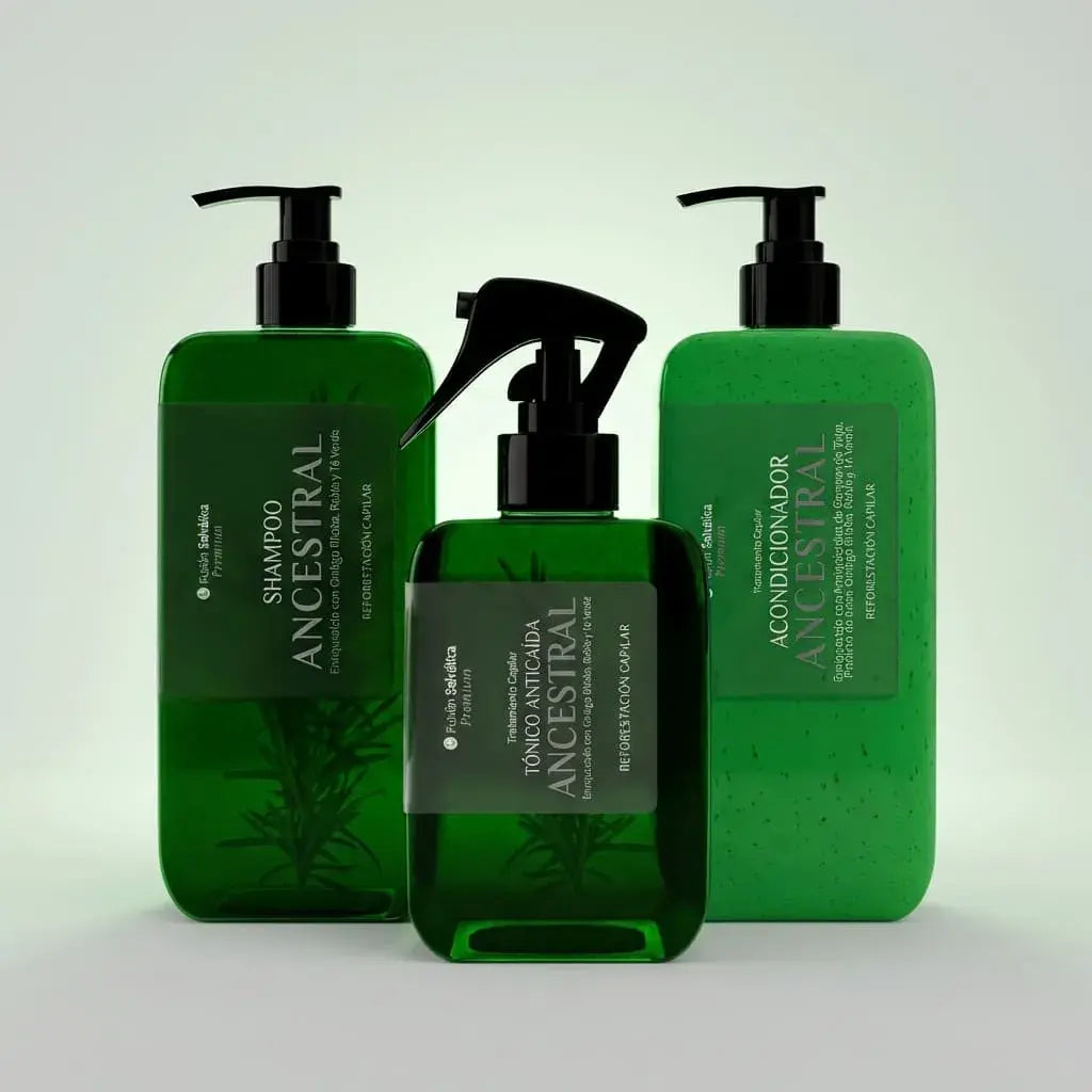 Kit capilar anticaída ancestral premium con shampoo, tónico y acondicionador. Ayuda a fortalecer el cabello, reducir la caída y estimular el crecimiento natural con ingredientes botánicos. Ideal para tratamiento completo.
