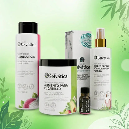 Kit capilar anticaída para mujer con ingredientes naturales. Incluye tónico, shampoo, ampolleta y tratamiento nutritivo para fortalecer el cabello y estimular su crecimiento con uso constante. Ideal para rutina completa.