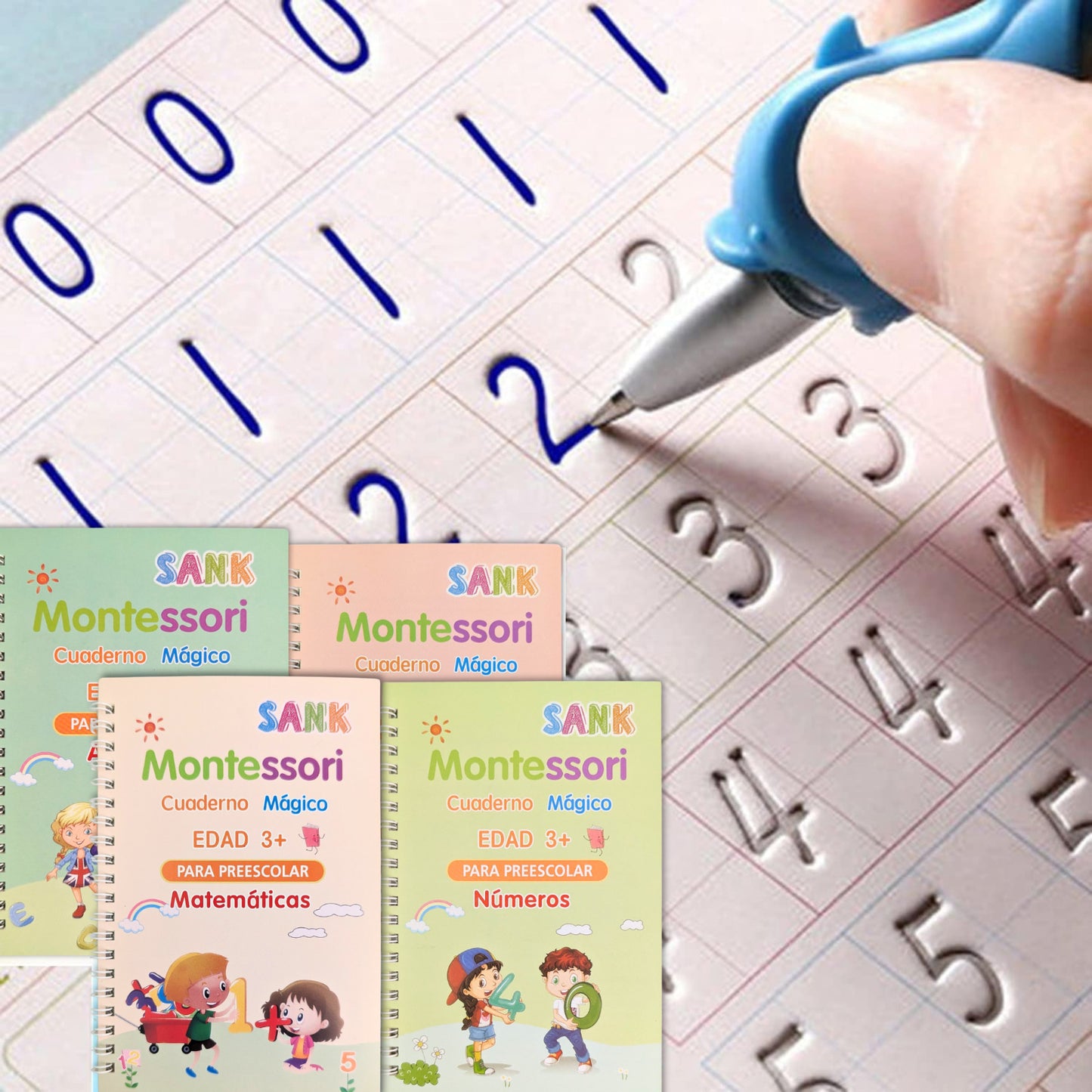 Kit de caligrafía infantil con 4 libros reutilizables y tinta mágica. Incluye 10 minas y fomenta el aprendizaje de forma divertida.