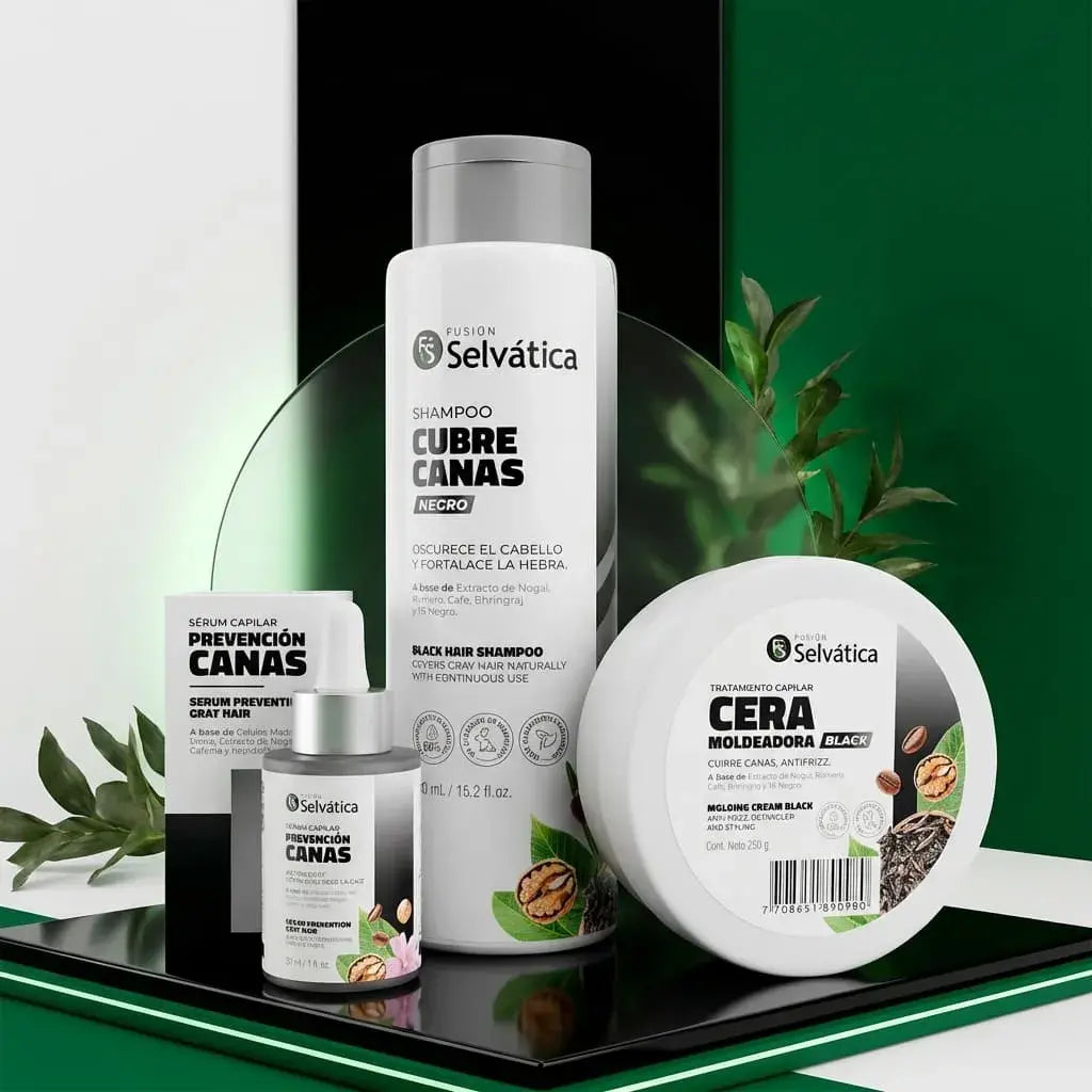 Kit capilar cubre canas progresivo con shampoo, serum y cera. Ayuda a atenuar las canas de forma natural, mejorar el tono y mantener un cabello uniforme y saludable sin tintes químicos. Ideal para uso continuo.