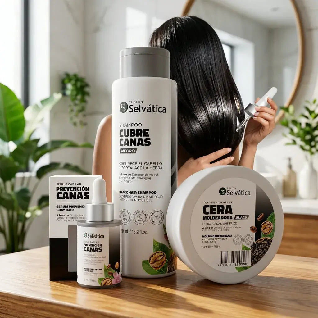 Kit capilar cubre canas progresivo con shampoo, serum y cera. Ayuda a atenuar las canas de forma natural, mejorar el tono y mantener un cabello uniforme y saludable sin tintes químicos. Ideal para uso continuo.