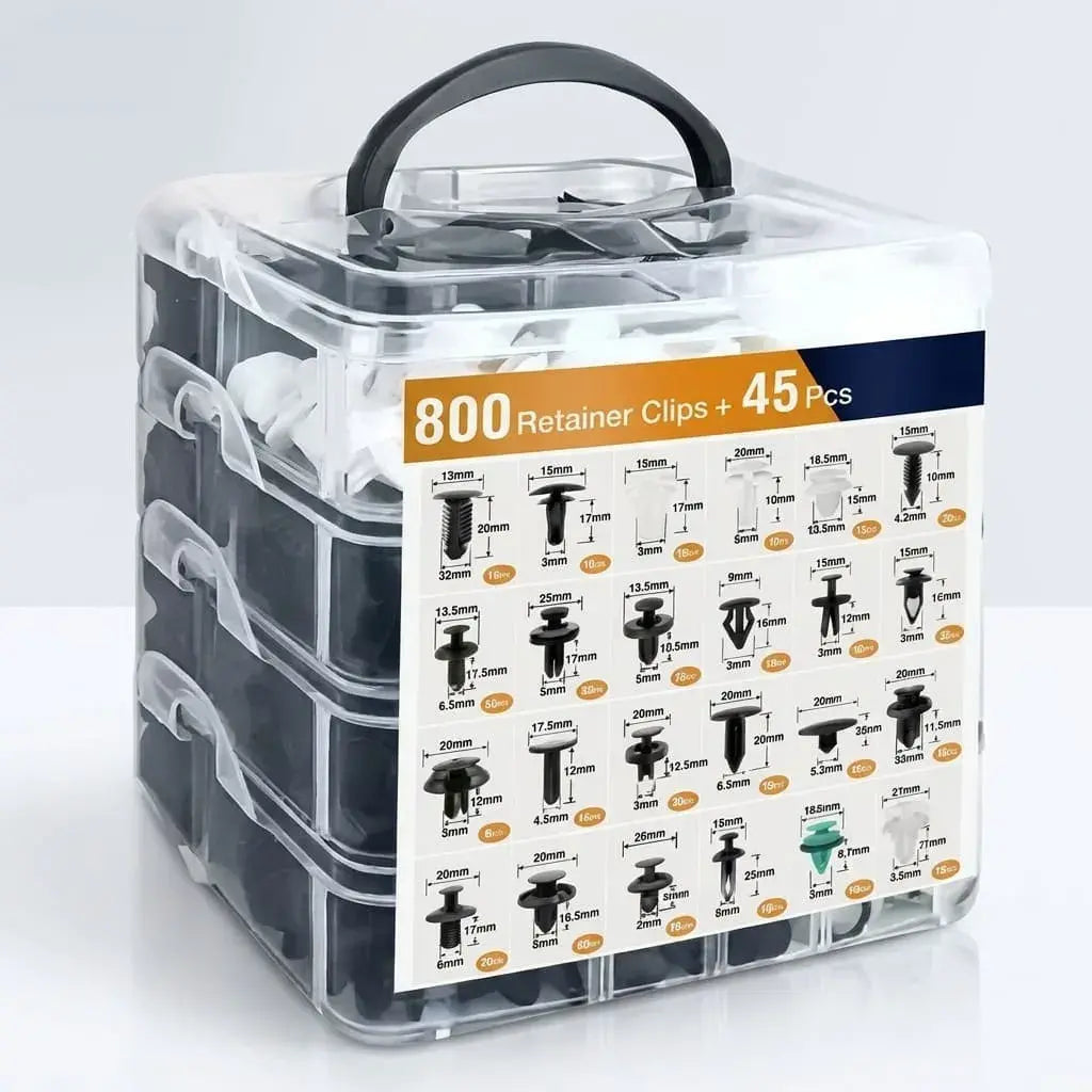 Kit de clips automotrices x845 piezas para parachoques, molduras, paneles, guardabarros y reparación de vehículos con sujetadores resistentes.