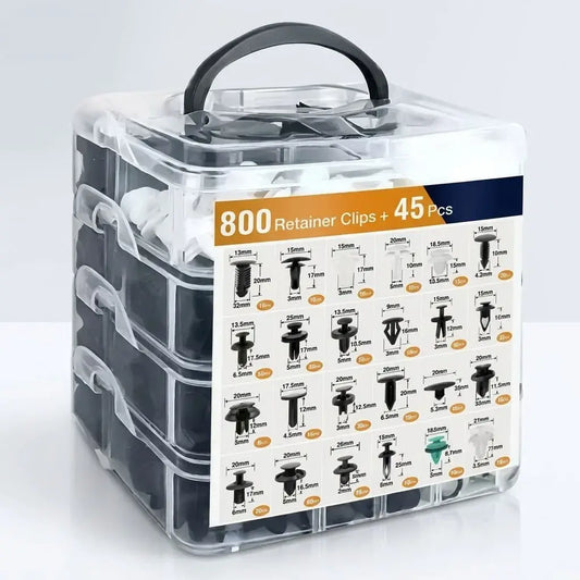 Kit de clips automotrices x845 piezas para parachoques, molduras, paneles, guardabarros y reparación de vehículos con sujetadores resistentes.
