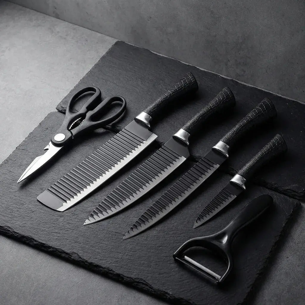 Kit de cuchillos de cocina negro de 6 piezas con acero inoxidable, diseño ergonómico, incluye tijeras y pelador. Ideal para uso diario.