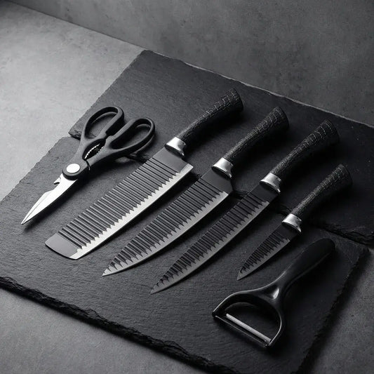 Kit de cuchillos de cocina negro de 6 piezas con acero inoxidable, diseño ergonómico, incluye tijeras y pelador. Ideal para uso diario.