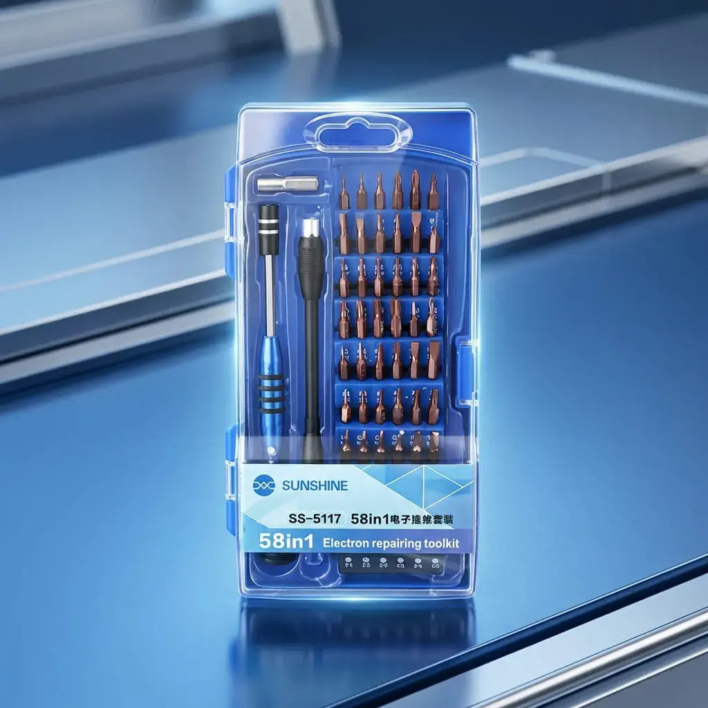 Juego de destornilladores de precisión con 54 puntas metálicas y extensión flexible. Ideal para reparación de celulares y dispositivos electrónicos.