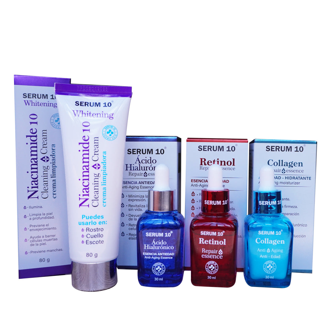 Kit facial antiedad que ayuda a mejorar la apariencia de arrugas y líneas de expresión, aportando firmeza, hidratación y luminosidad a la piel.