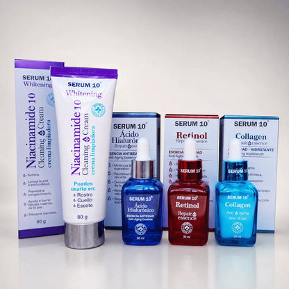 Kit facial antiedad que ayuda a mejorar la apariencia de arrugas y líneas de expresión, aportando firmeza, hidratación y luminosidad a la piel.