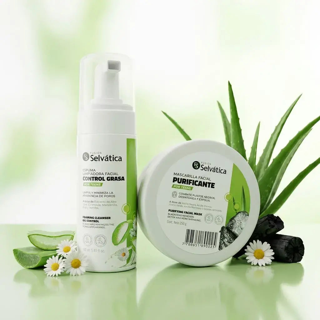 Kit facial para adolescentes con piel grasa. Incluye limpiador y mascarilla purificante que ayudan a controlar imperfecciones y promover una rutina de cuidado facial diaria. Ideal para piel joven.