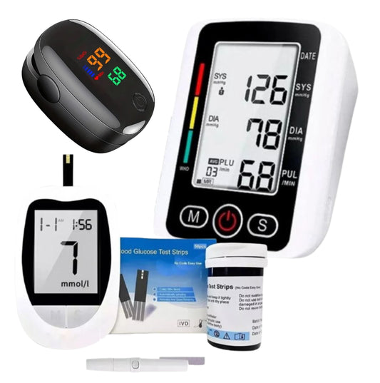 Kit portátil con glucómetro y oxímetro digital para medición de glucosa, oxígeno y frecuencia cardíaca.