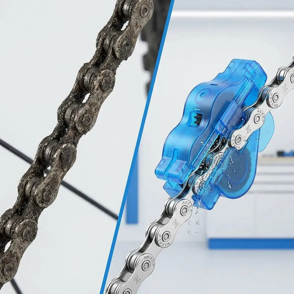 Kit de limpieza para cadena de bicicleta que permite mantenimiento sin desmontaje, mejora el pedaleo y protege la transmisión.