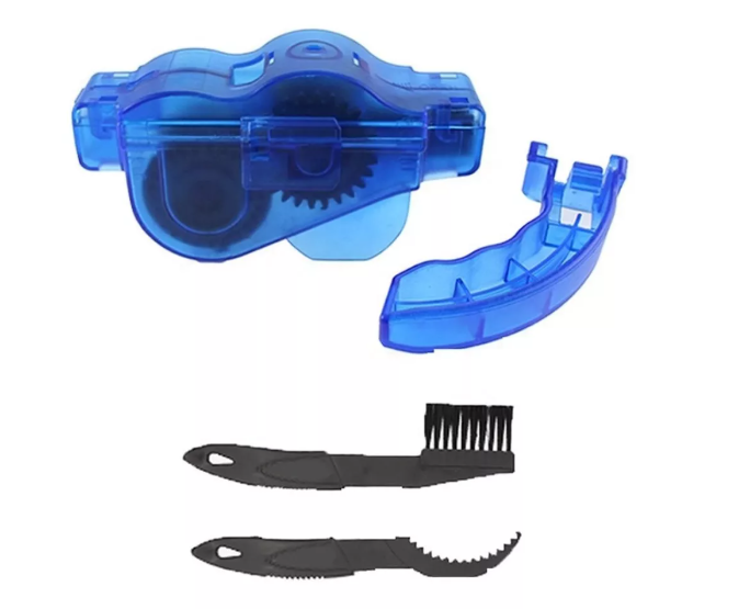 Kit limpieza cadena de bicicleta con limpiador y cepillos multifunción. Ideal para retirar grasa, barro y suciedad sin desmontar la cadena.