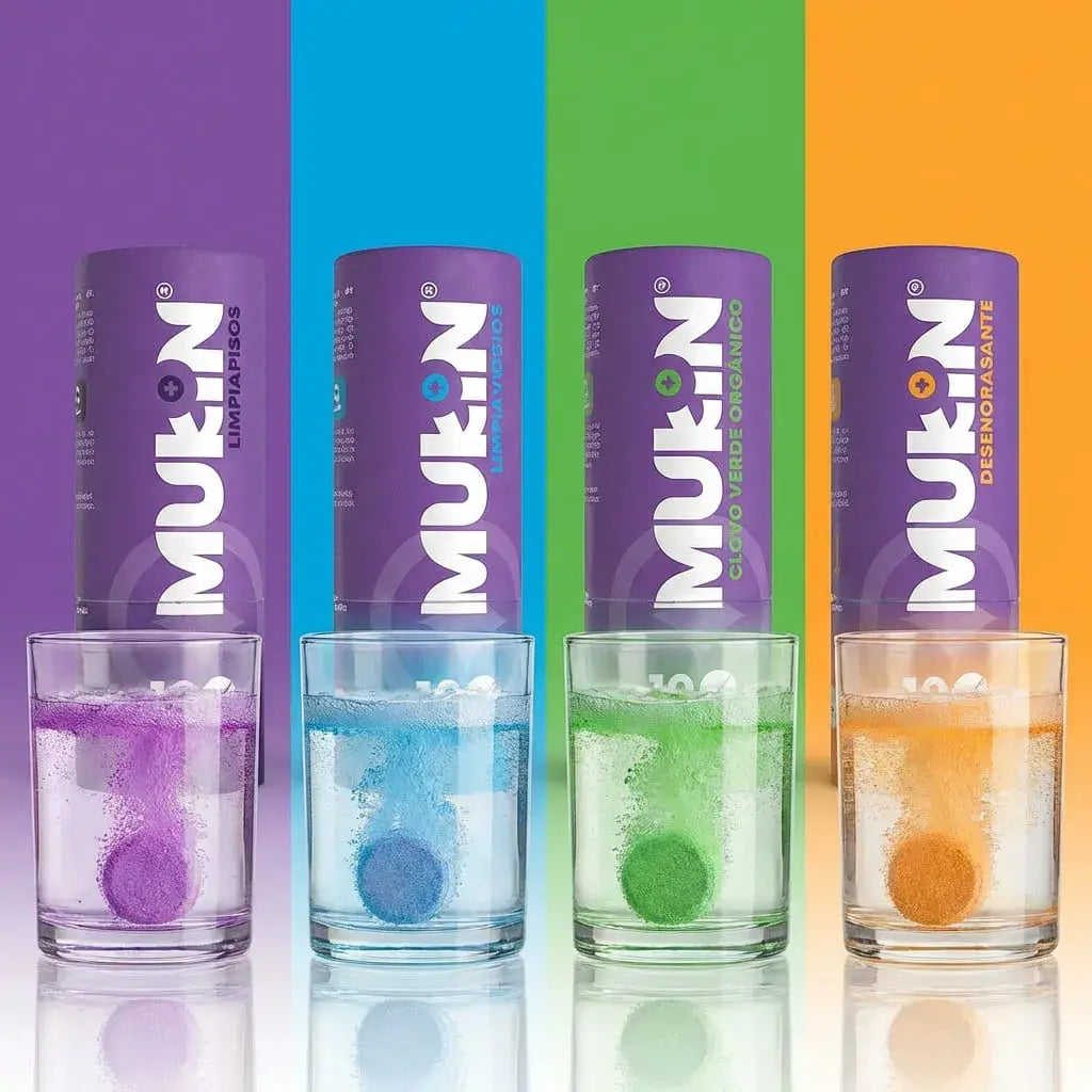 Kit de limpieza ecológico con desengrasante, cloro verde, limpiapisos y limpiavidrios en tabletas biodegradables con envases reutilizables.